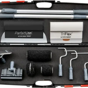 L'Outil Parfait Bandázsoló és kétkezes glett lehúzó szett (Triflex Q1 25 cm, Partfait Rigd 35 cm Q2, Gletthenger 80, 180 és sarok tartóval, 2 teleszkópos hosszabbító, adapter és egy sarok lehúzó fej)