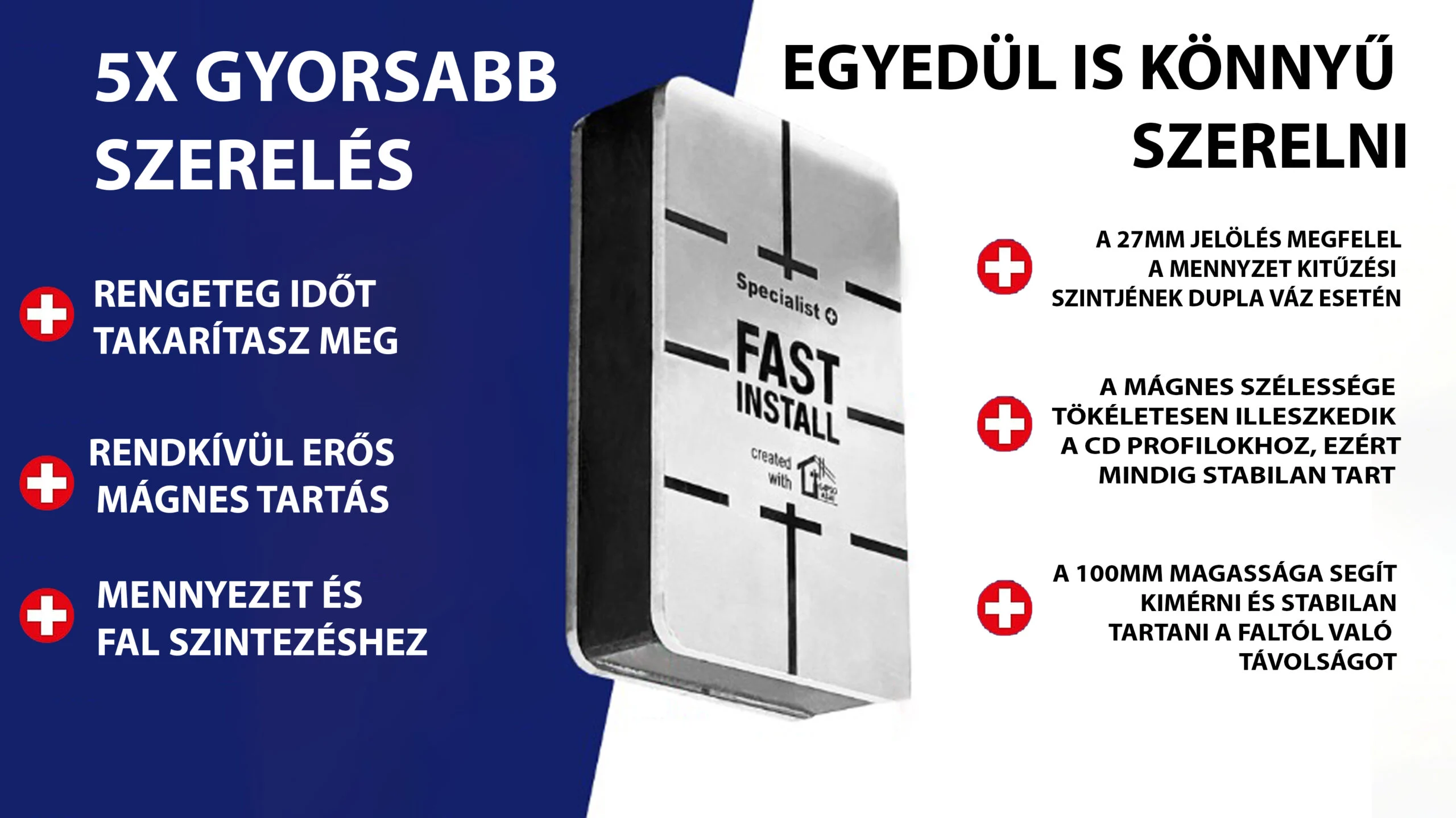 Innovatív gipszkartonszerelő szerszámok szett kofferrel (2xFast Install,2x 50 cm CD távtartó, acél ék beütő adapter)